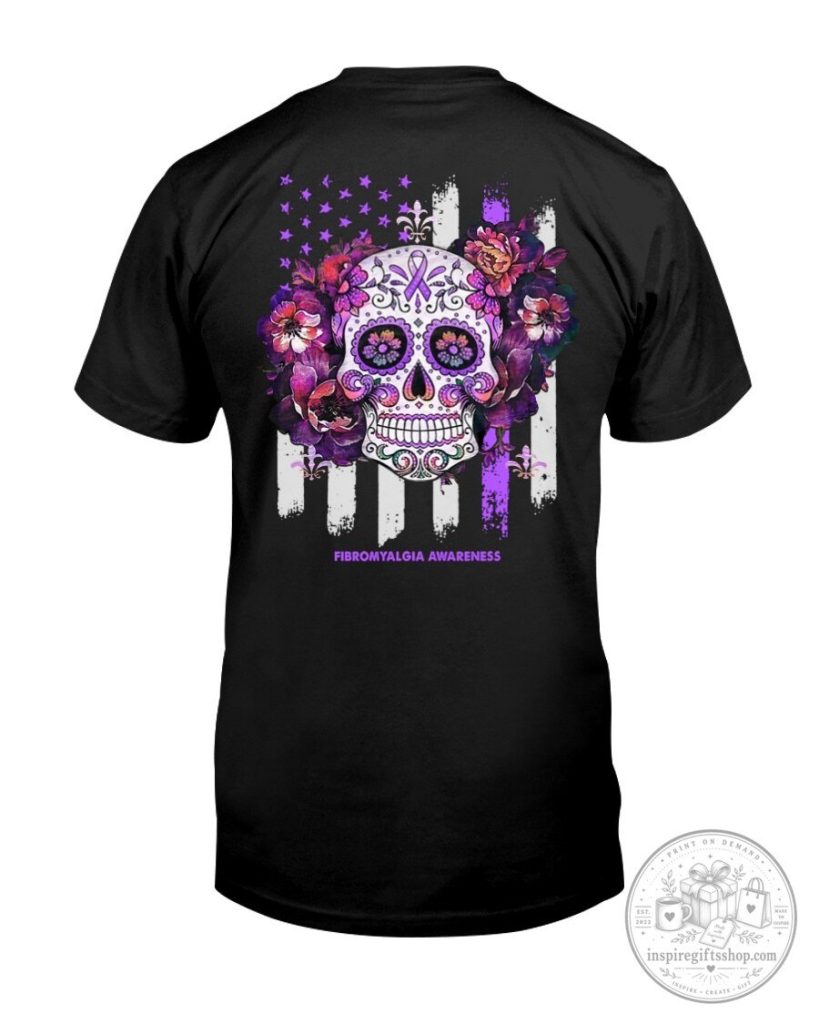 Fibromyalgia Awareness Sugar Skull Purple Ribbon Floral American Flag T-Shirt