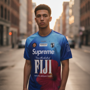 Haskell Wearing Supreme SS26 Fiji Soccer Jersey Set