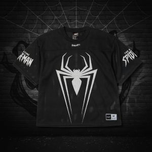 HUF x Marvel Spider-Man Black Football Jersey - Graphic Streetwear Shirt