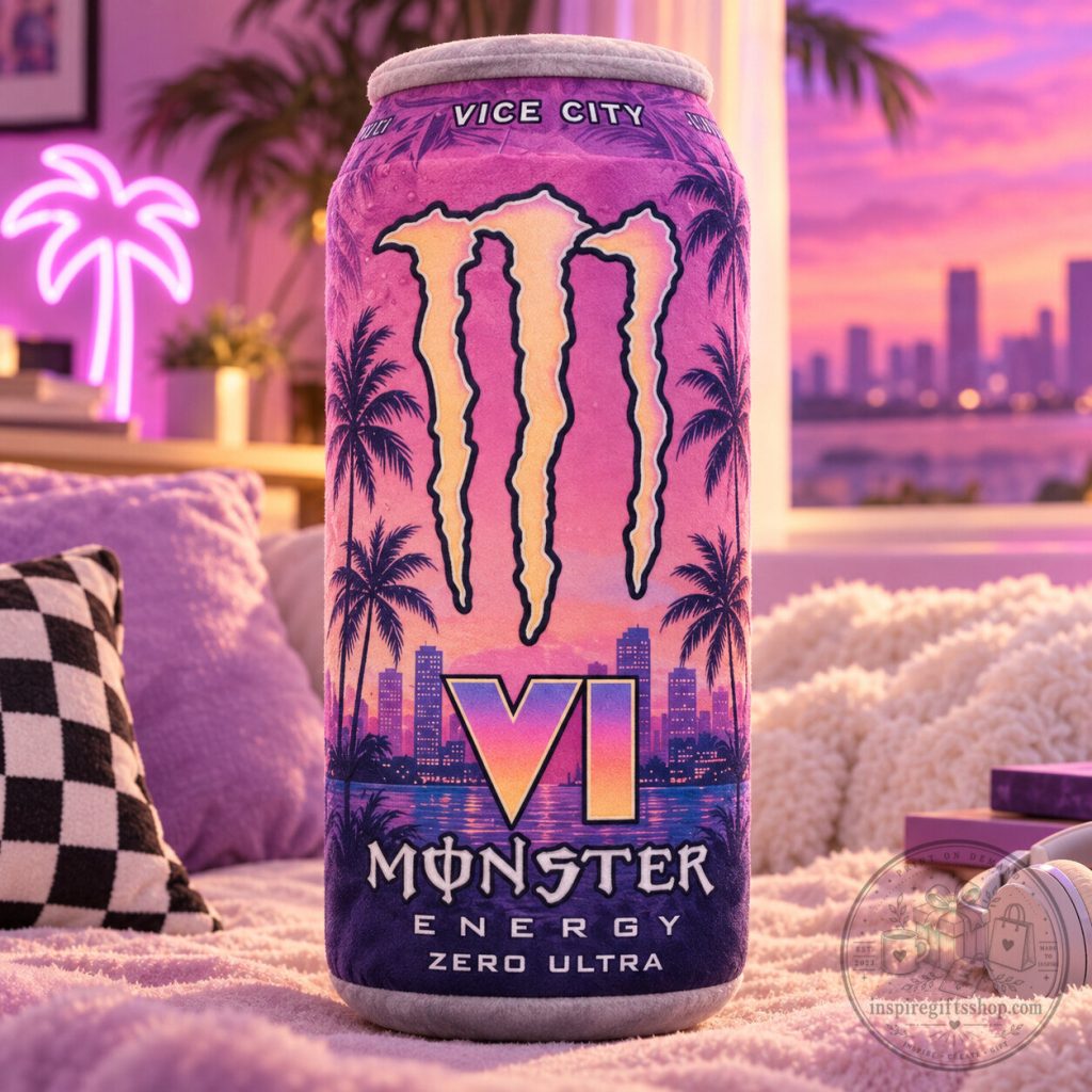 Monster Energy x GTA VI Vice City Plush Doll – Energy Drink Can Inspired Gaming Plush | Grand Theft Auto 6 Collectible