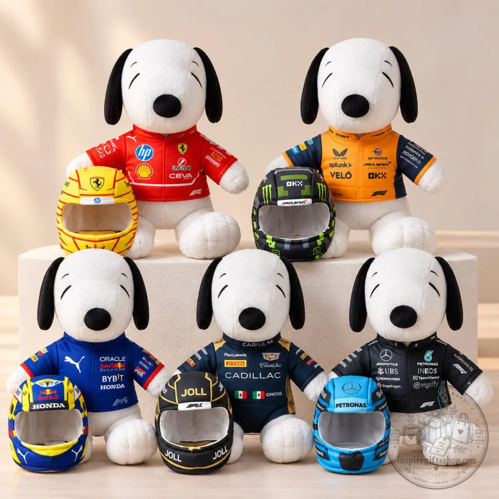 Snoopy F1 Racing Team Plush Set 2026 – Formula 1 Driver Outfit & Mini Helmet Collection | Racing Fan Gift