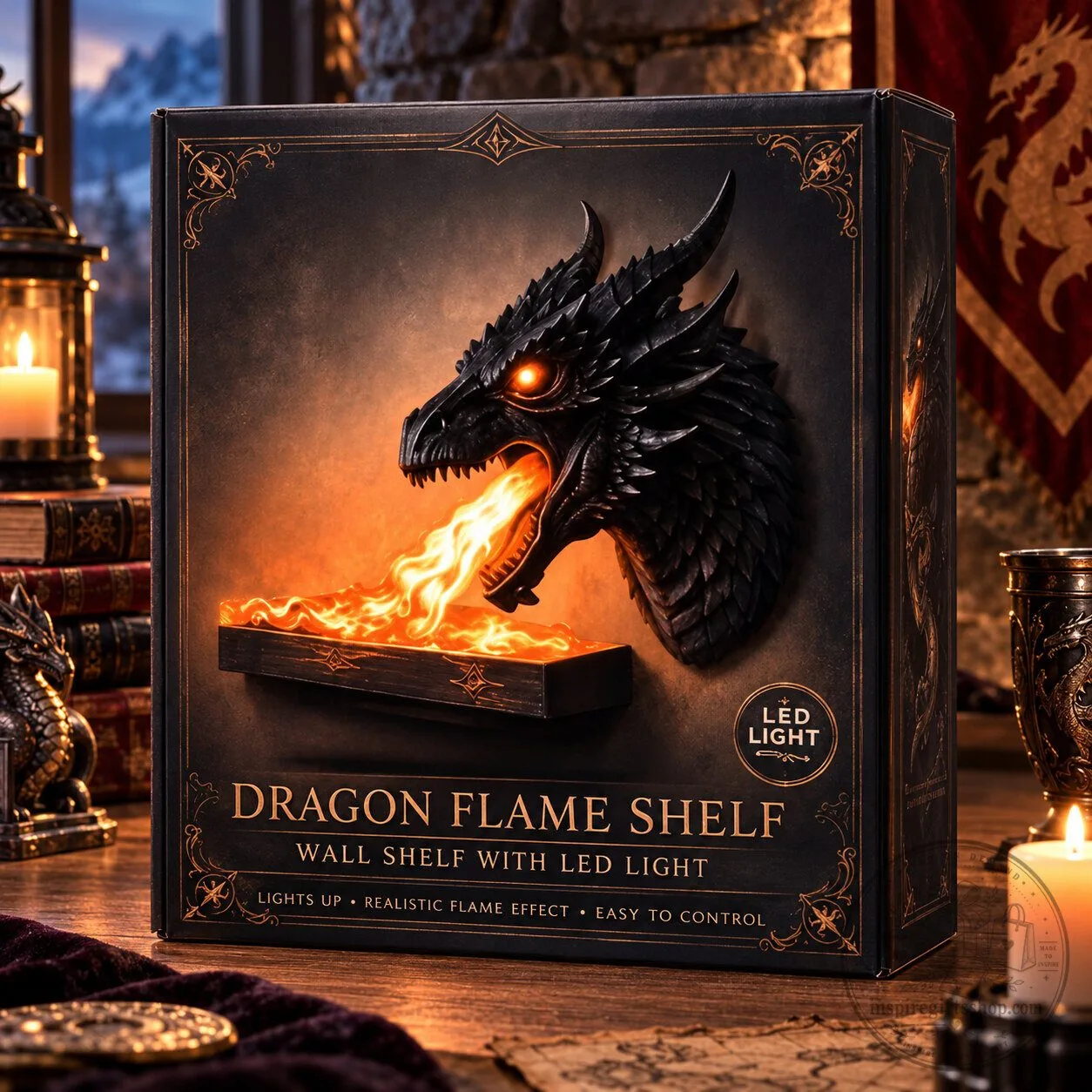Dragon Flame Wall Shelf – 3D Dragon Head LED Display | Fantasy Gothic Home Decor 4 Dragon Flame Wall Shelf – 3D Dragon Head LED Display | Fantasy Gothic Home Decor