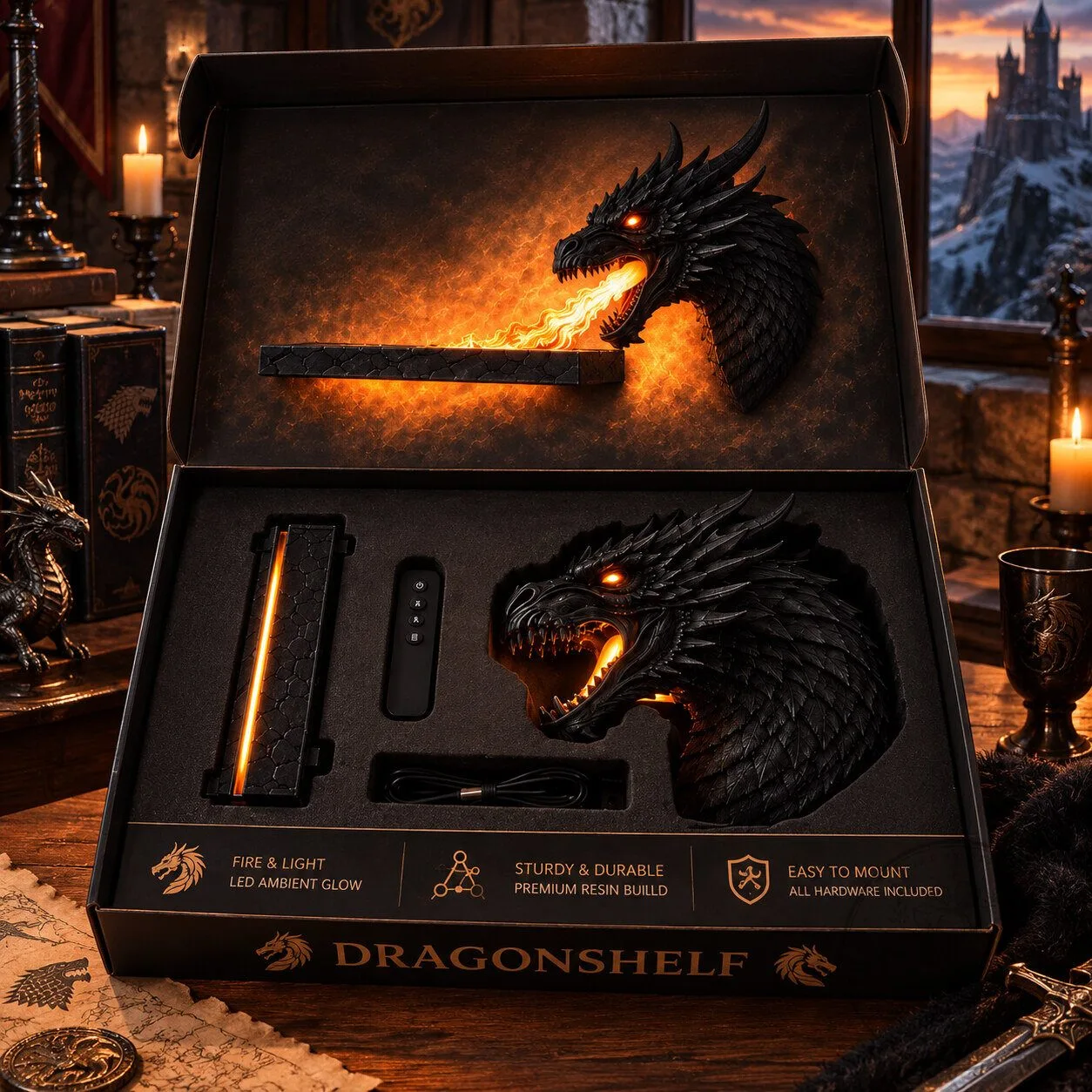 Dragon Flame Wall Shelf – 3D Dragon Head LED Display | Fantasy Gothic Home Decor 5 Dragon Flame Wall Shelf – 3D Dragon Head LED Display | Fantasy Gothic Home Decor