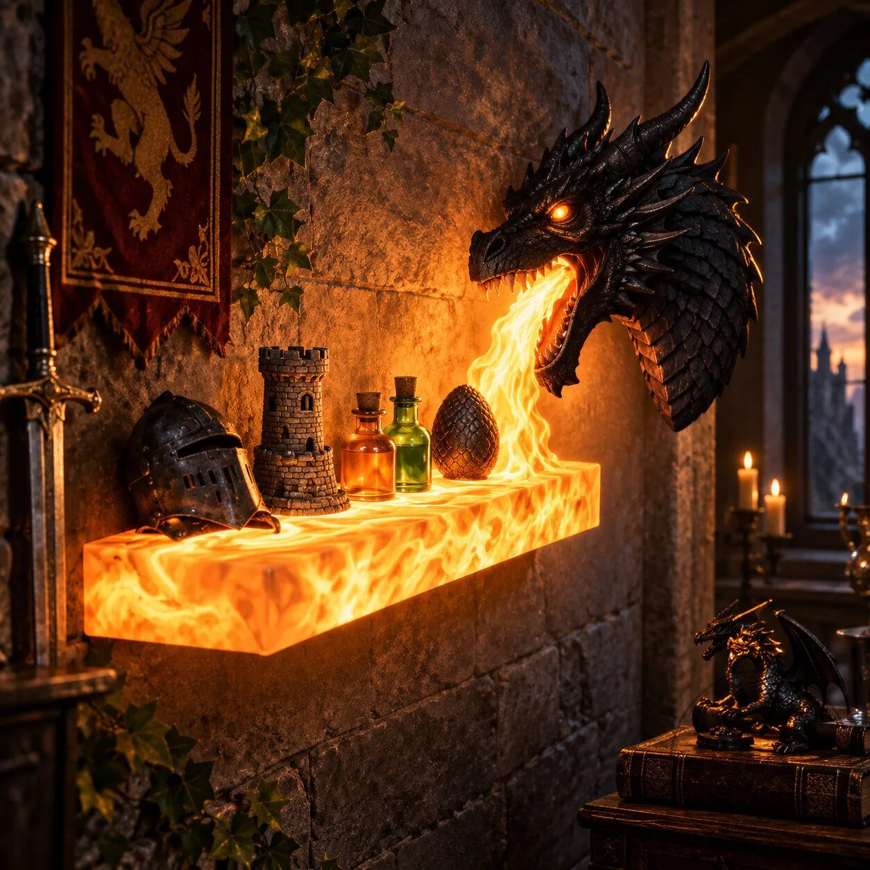 Dragon Flame Wall Shelf – 3D Dragon Head LED Display | Fantasy Gothic Home Decor 6 Dragon Flame Wall Shelf – 3D Dragon Head LED Display | Fantasy Gothic Home Decor
