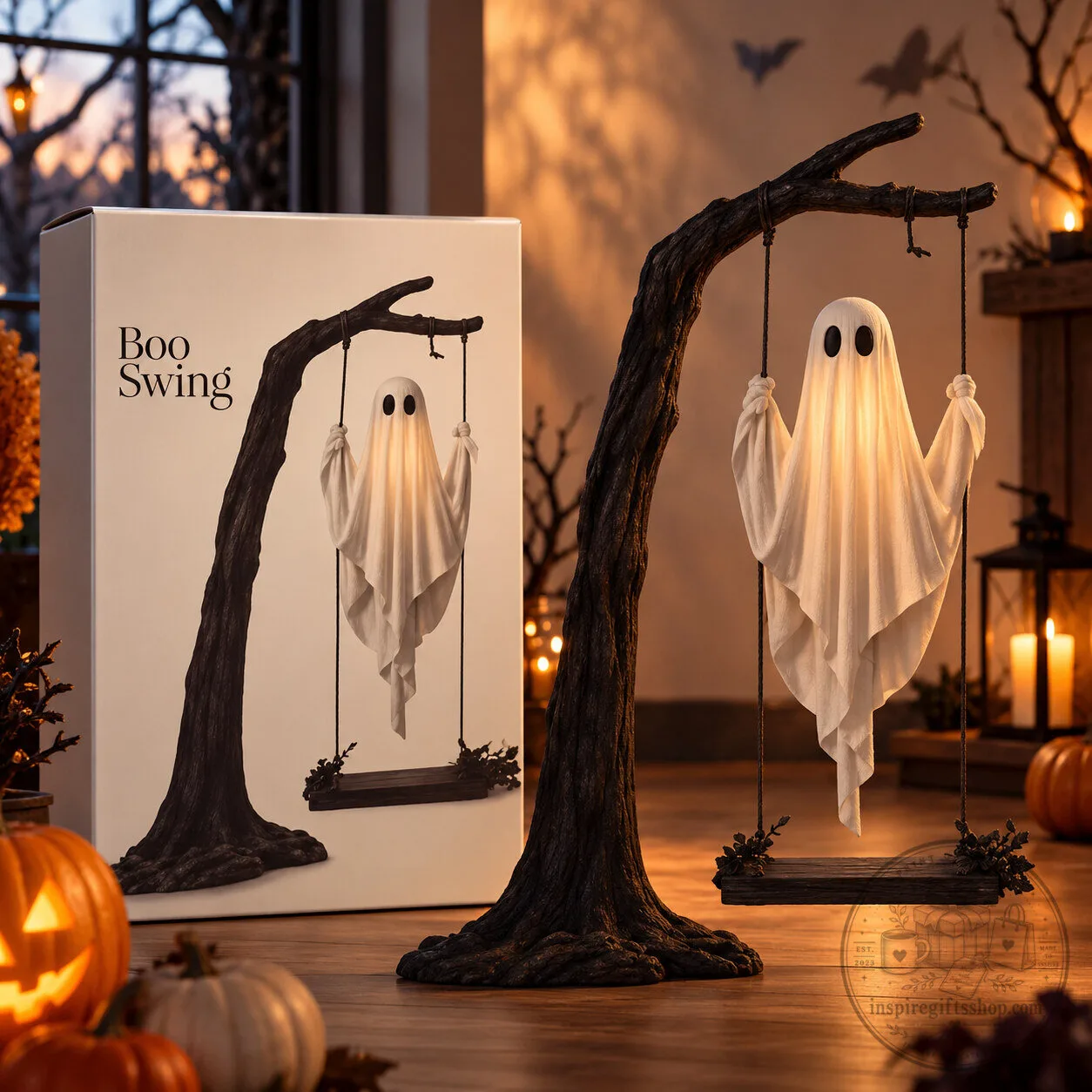 Glowing Halloween Ghost Decoration – White Fabric Ghost on Hanging Swing | Spooky Halloween Decor